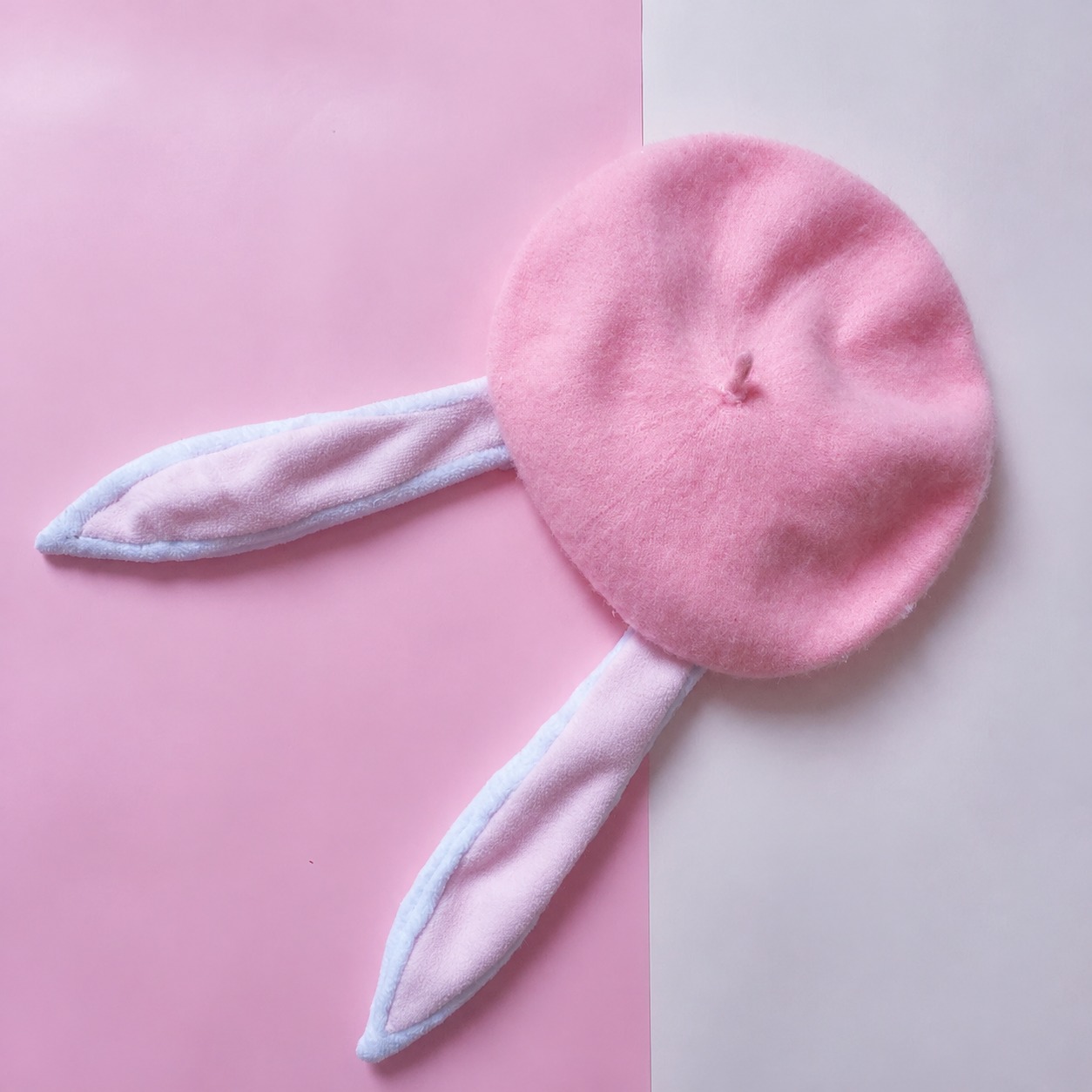 Pink bunny-ear beret with pale inner ears