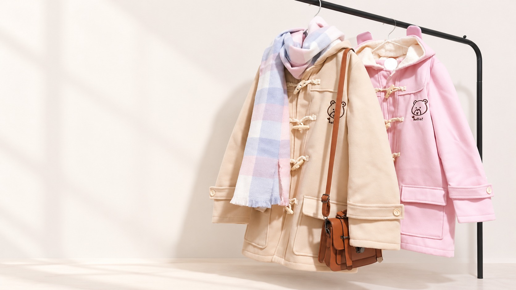 Khaki and pink horn-button coats shown with styling accessoriesslider_item_3