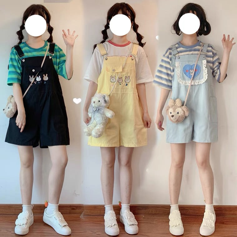 Cute Bunny Embroidery Candy Overalls Shorts BY50096
